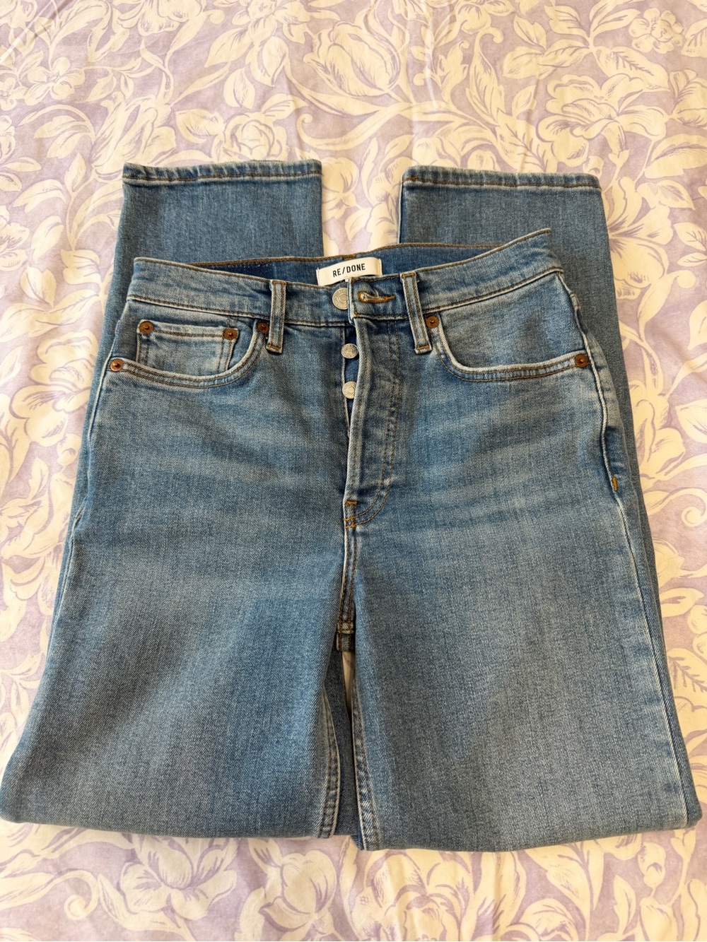 RE/DONE 70s Stove Pipe High Rise Jeans Classic Faded Blue Button Fly Size 26